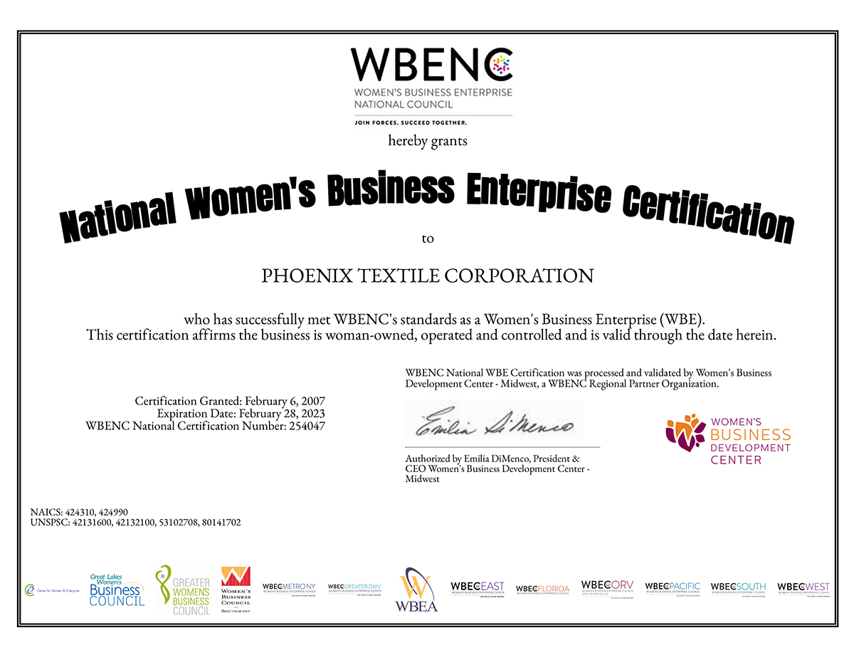 National Women's Business Enterprise Certification for Phoenix Textile