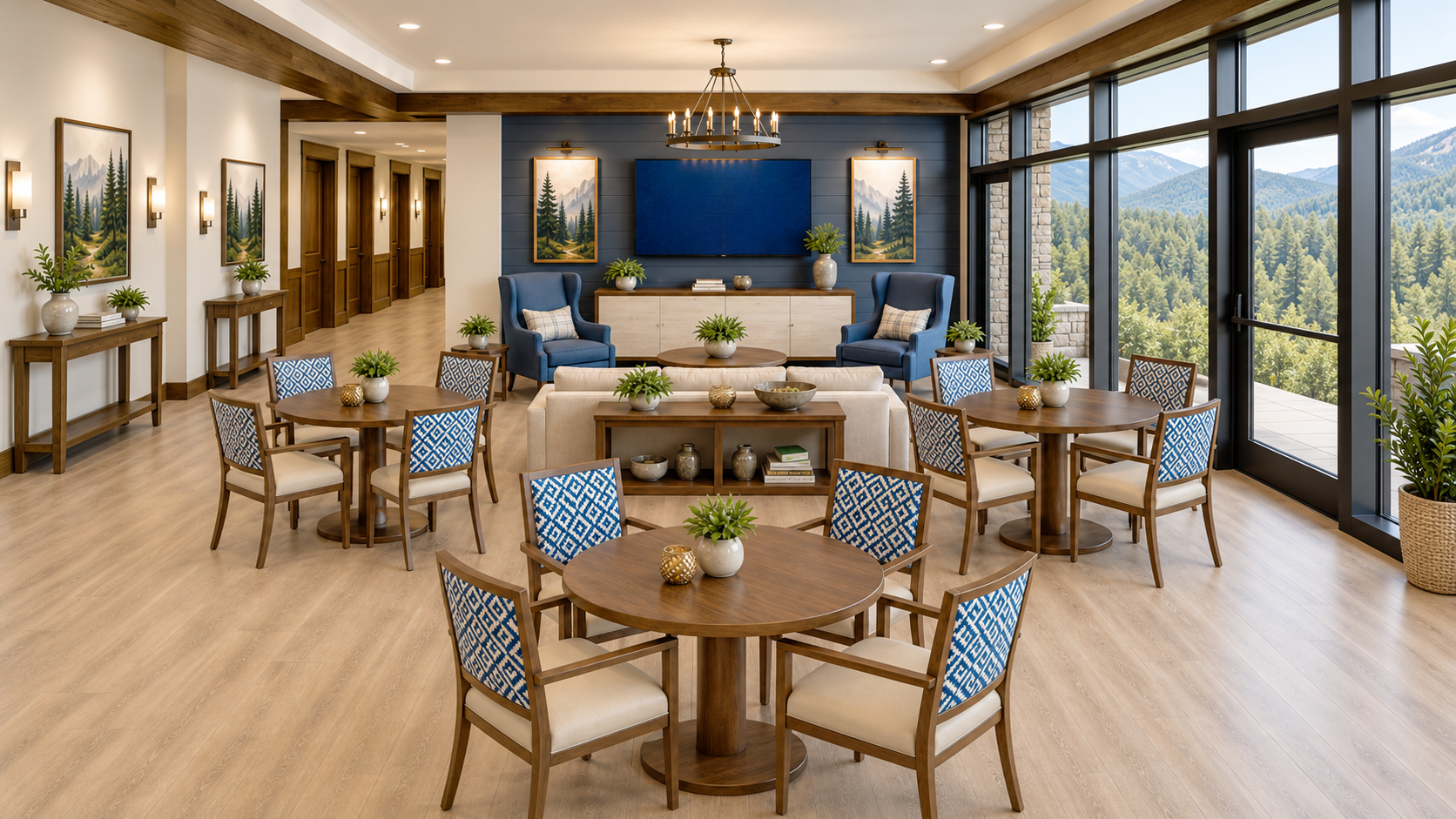 Phoenix Textile interior installation with coordinated blue seating and welcoming community spaces.